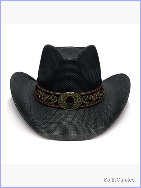 Western Straw Cowboy Hat with Decorative Band Unisex Wide Brim Sun Hat main image 4